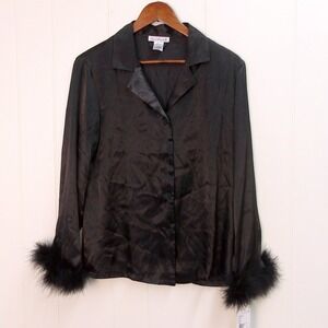 Linea Donatella Black‎ Feather Cuff Long Sleeve Button Down Shirt Top M / #9189